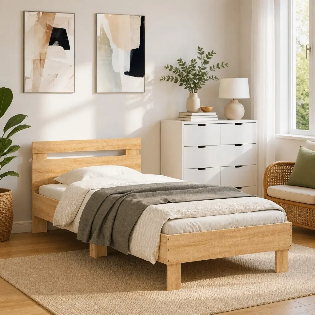 Bed Frame 90x190 cm Brown Engineered Wood Headboard Slatted Base
