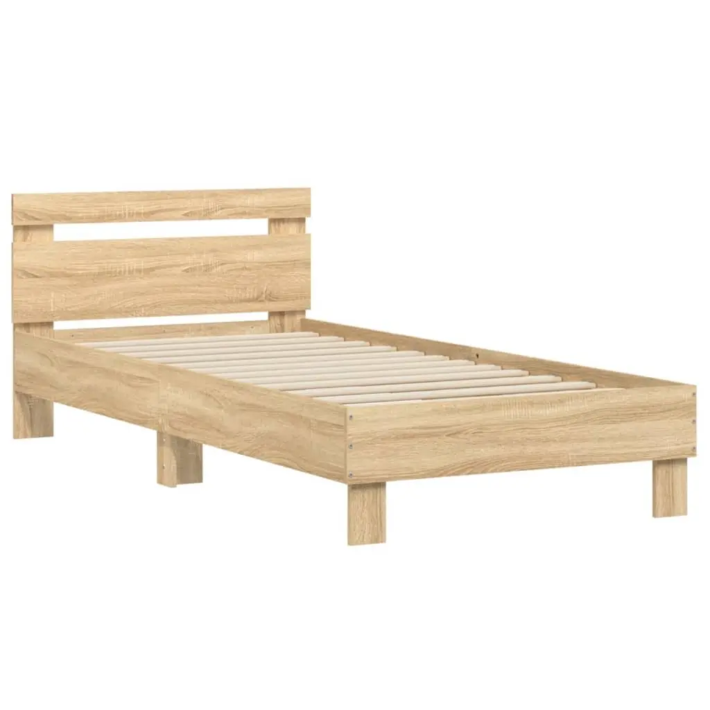 Bed Frame 90x190 cm Brown Engineered Wood Headboard Slatted Base