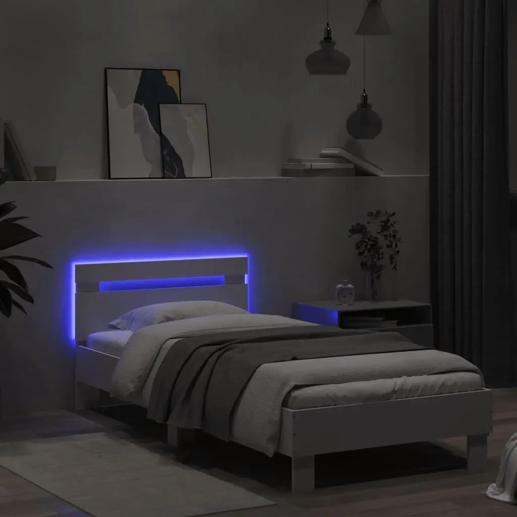 White Bed Frame 90x190 cm with Headboard and RGB LED Lights