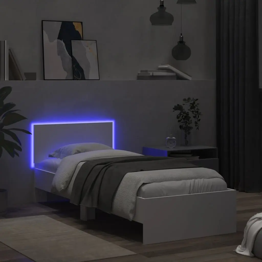 White Bed Frame 90x190 cm with RGB LED Lights Headboard Engineered Wood