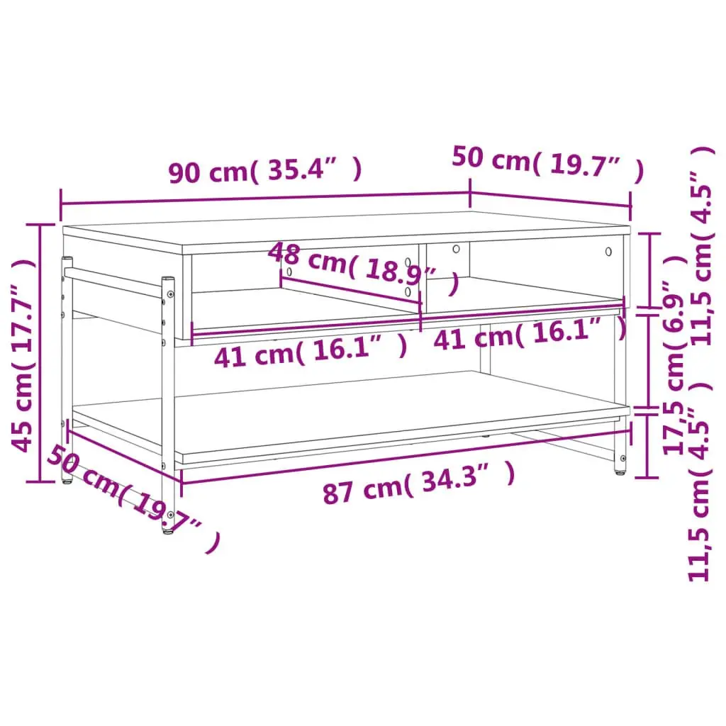 Coffee Table 90x50x45cm Black Engineered Wood with Metal Frame and Storage Space
