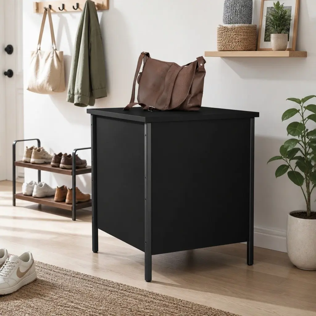 Storage Bench Black Engineered Wood Metal Frame Large Storage Compartment