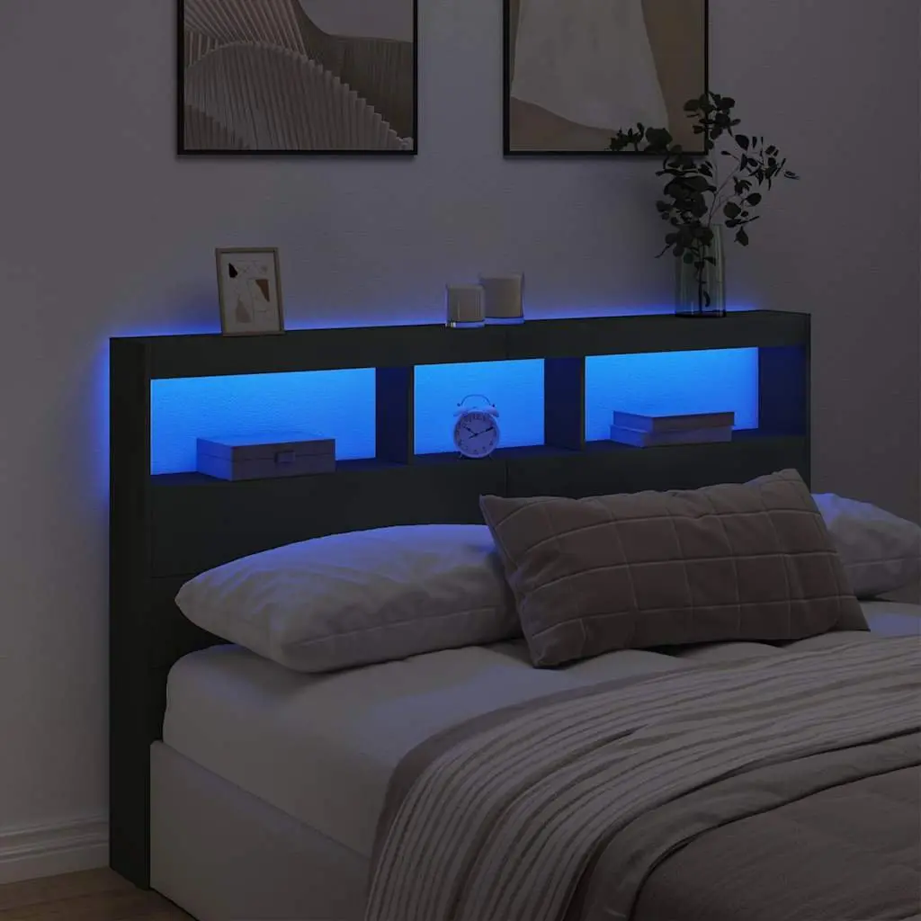 LED Headboard Cabinet Storage Black Modern Bedroom Bedside Headrest Design