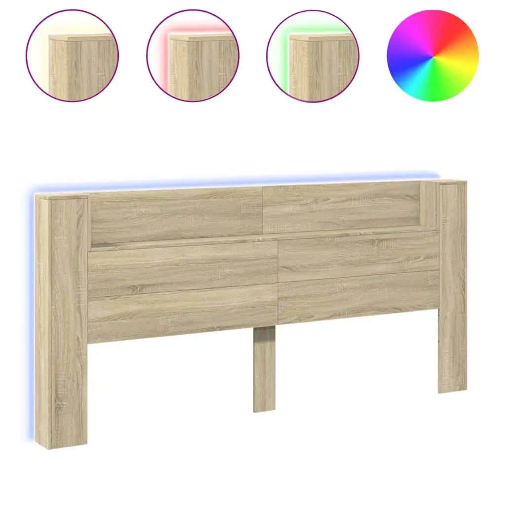 RGB LED Lighted Headboard Cabinet Open Shelf Storage Brown Engineered Wood 220x16.5x103.5cm