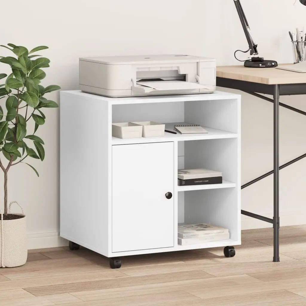 Printer Stand 60 x 50 x 67 cm White Mobile Cabinet with Wheels Storage Shelf Office Organiser