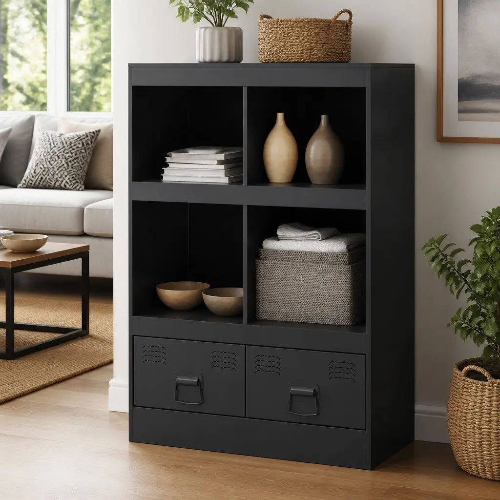 Black Highboard Sideboard Storage Cabinet 67x39x95 cm Steel Frame