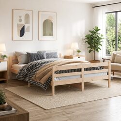 Double Bed Frame in Brown Pine Wood for a Cozy Bedroom