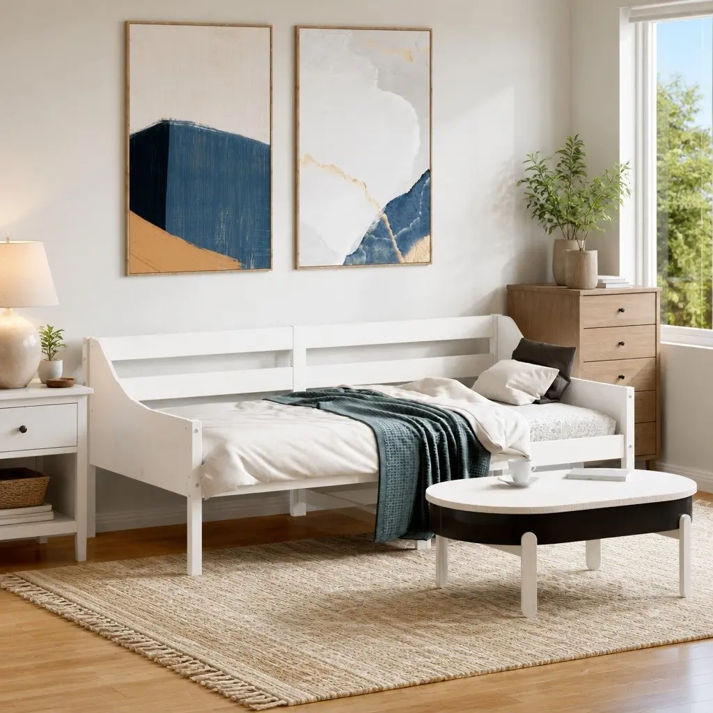 Day Bed Frame 90x190 cm Solid Wood Pine White Sofa Bed with Guardrails Slats