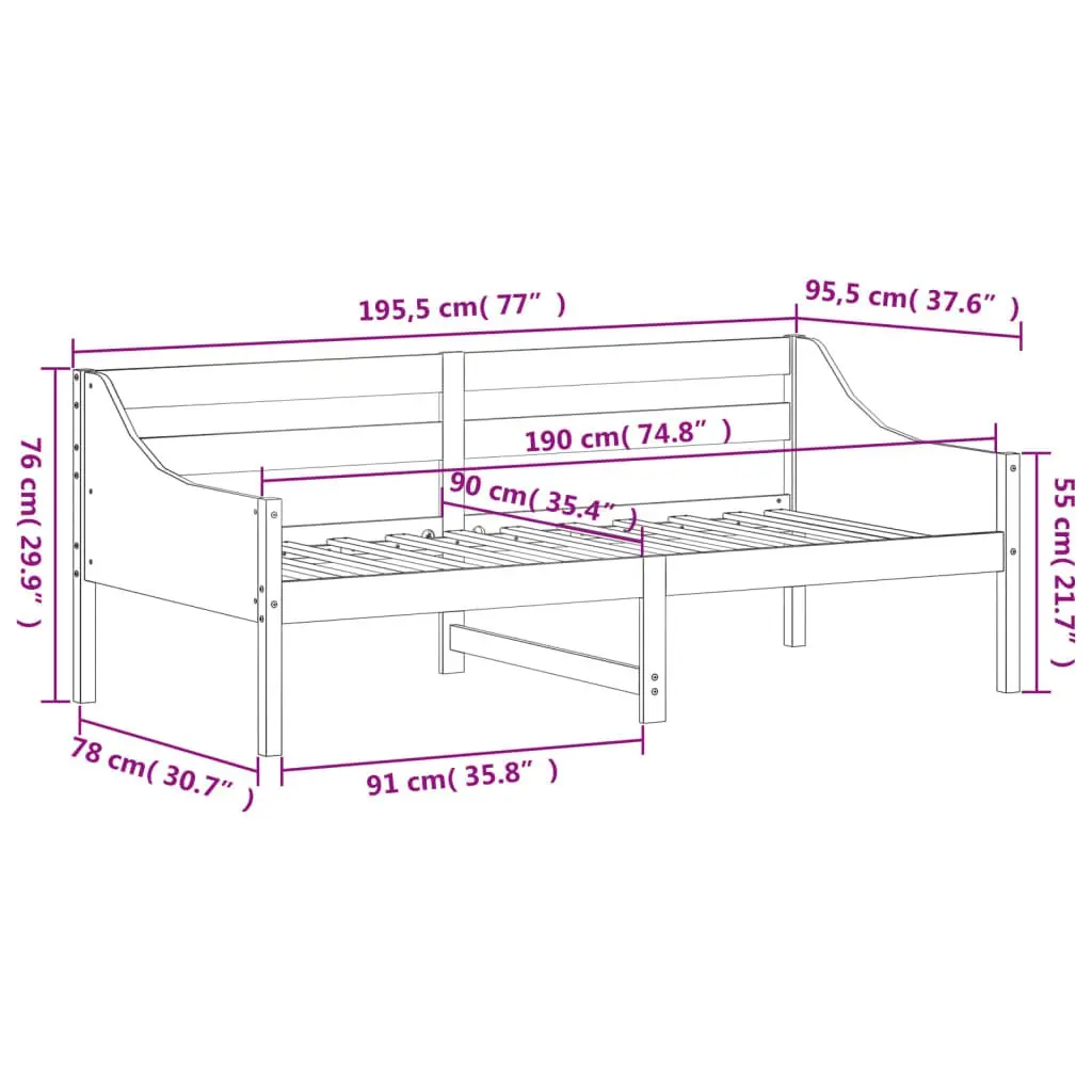 Day Bed Frame 90x190 cm Solid Wood Pine White Sofa Bed with Guardrails Slats