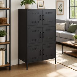 Highboard Storage Cabinet Black Industrial Style Steel Frame 6 Compartments