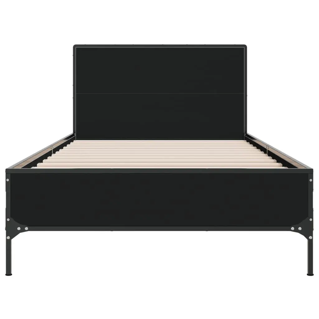 Black Bed Frame 90x190 cm Engineered Wood Metal Legs Plywood Slats Headboard