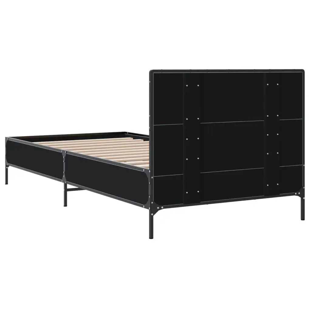 Black Bed Frame 90x190 cm Engineered Wood Metal Legs Plywood Slats Headboard