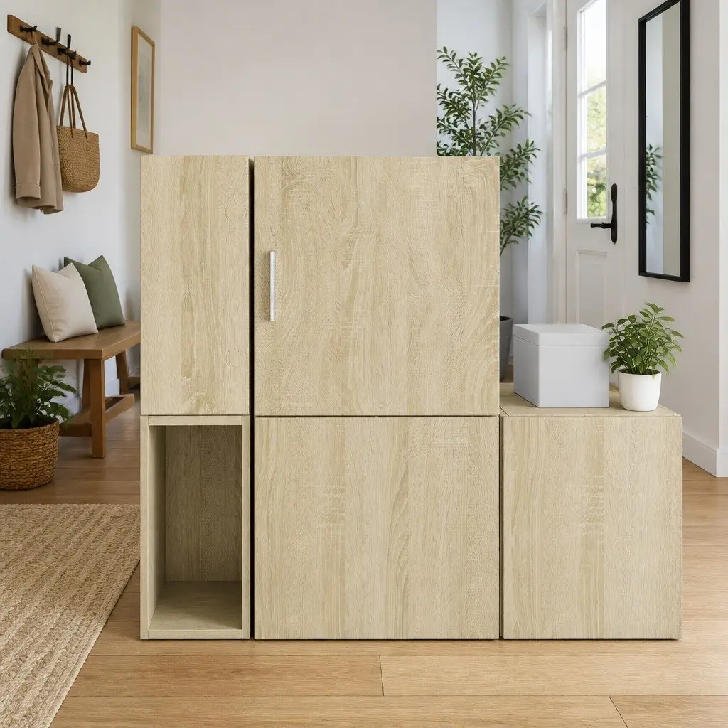 Wall Cabinet Brown Engineered Wood Wall-Mounted Storage with Reversible Door Assembly