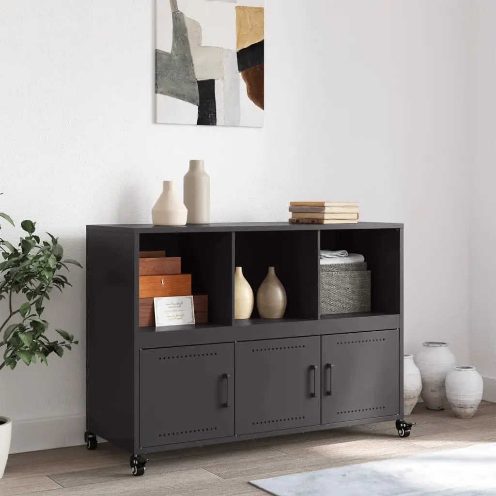 Sideboard Black Storage Cabinet with Wheels Durable Steel Construction for Living Room and Hallway