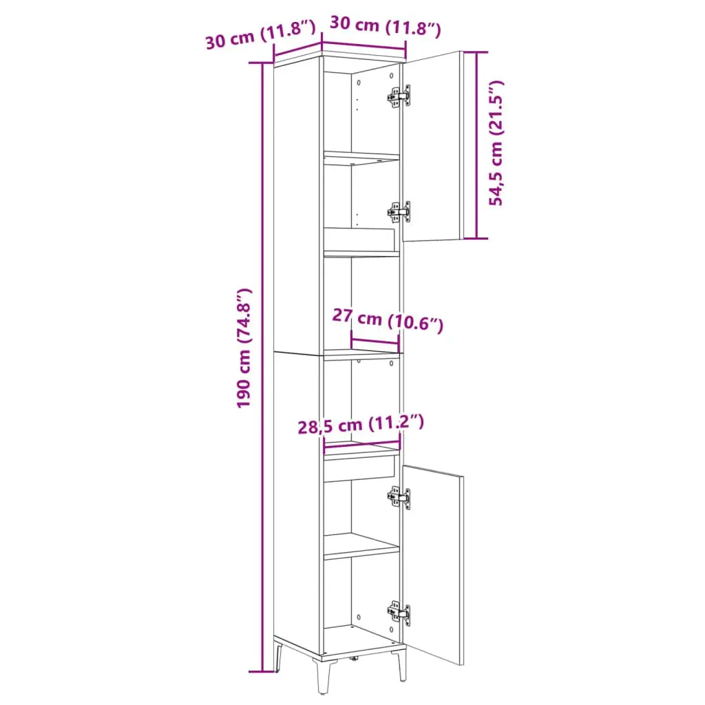 Bathroom Cabinet 30x30x190cm Sonoma Oak Tall Storage Unit with Shelves Doors