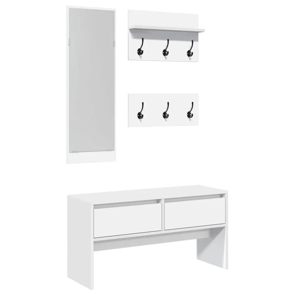 4 Piece Hallway Furniture Set White Storage Bench Mirror Coat Racks