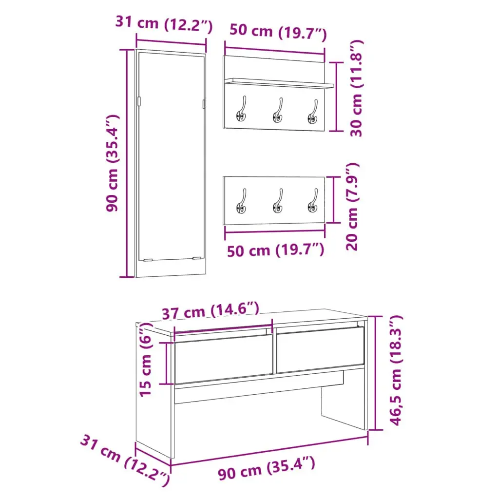 4 Piece Hallway Furniture Set White Storage Bench Mirror Coat Racks