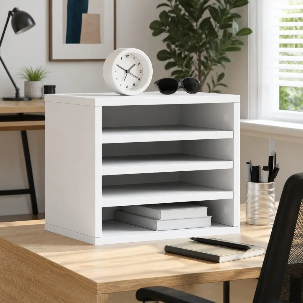 Desk Organiser White Compact Durable Engineered Wood Storage with Compartments
