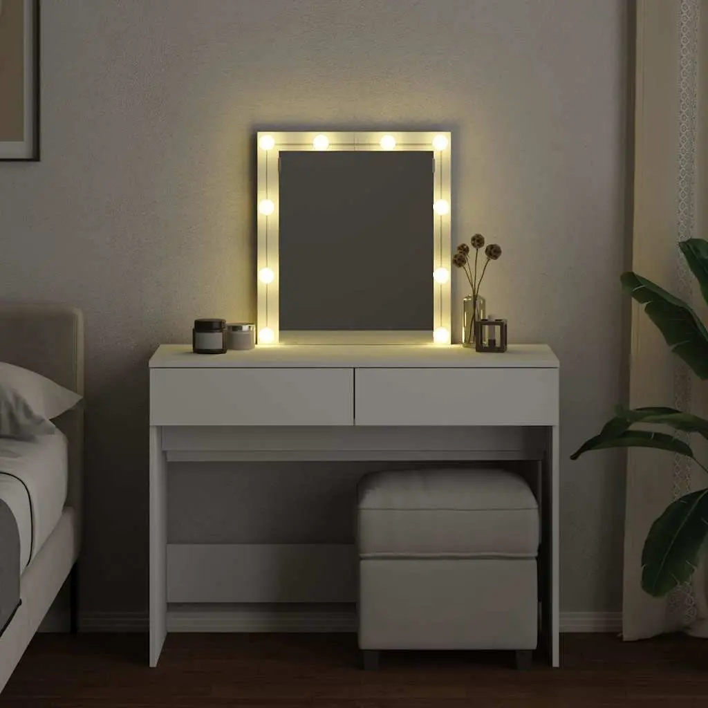 Vanity Makeup Desk with LED Mirror White 2 Drawer Storage Engineered Wood