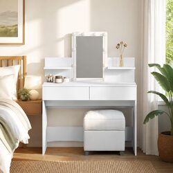 Bedroom Dressing Table with LED Mirror White Vanity Makeup Desk Storage Drawers