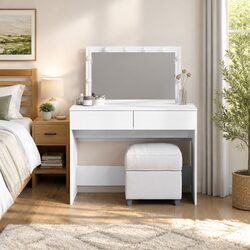 Dressing Table with LED Mirror White Bedroom Vanity 2 Drawers Storage Desk