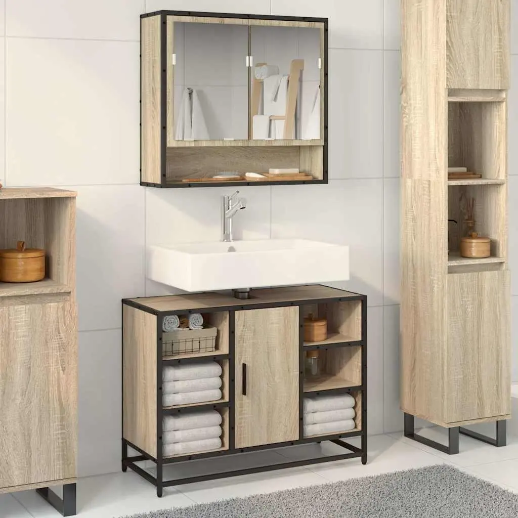 Bathroom Sink Cabinet 80x33x60 cm Engineered Wood Storage with Metal Frame