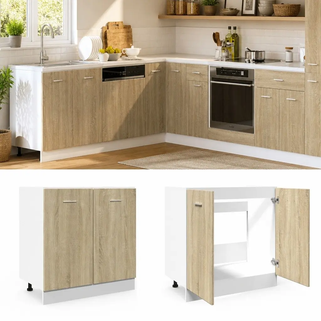 Bottom Kitchen Cabinet 80 x 46 x 81.5 cm Sonoma Oak Engineered Wood Storage Unit with Two Doors and Internal Shelving
