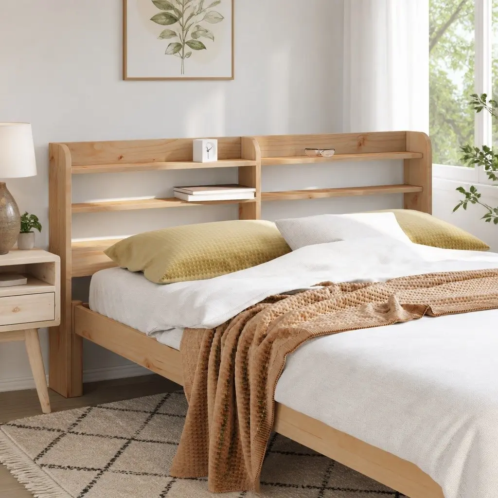 Headboard with Storage Shelves 135cm Freestanding Solid Pinewood Brown