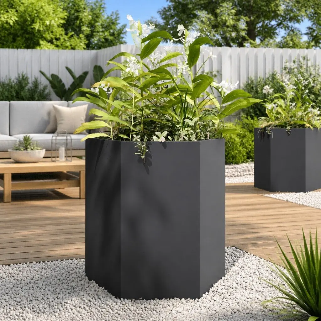 Garden Planters 46x40x45 cm Black Hexagon Raised Outdoor Flower Pot 2 pcs