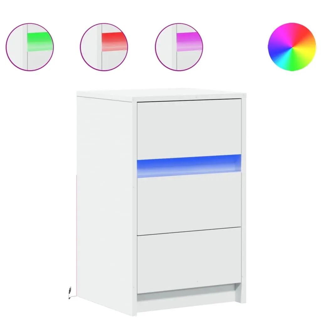 Bedside Cabinet White Engineered Wood RGB LED Lights Storage