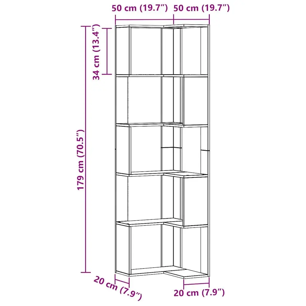 5-Tier Corner Bookshelf Engineered Wood Brown Space-Saving Unit 50x50x179cm