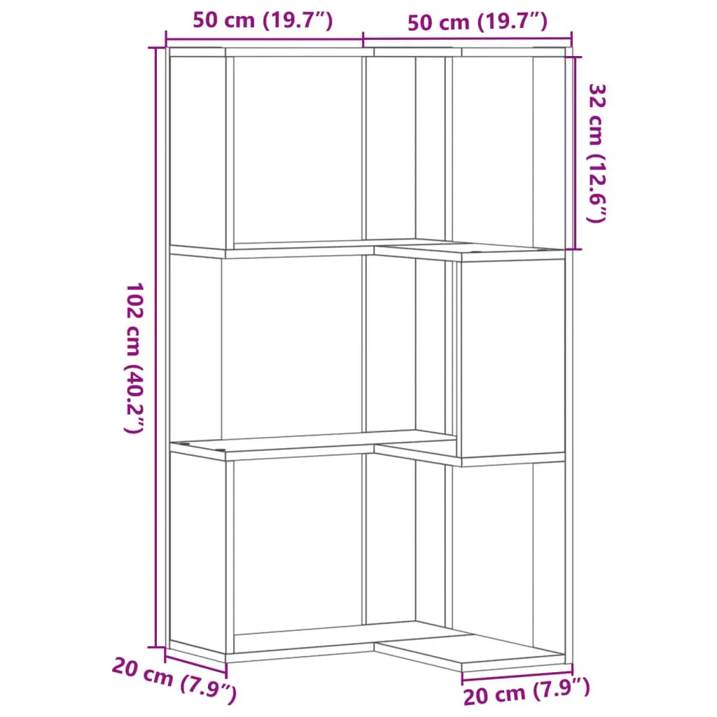 Corner Bookcase 3-Tier Engineered Wood Storage Shelf Display Unit White