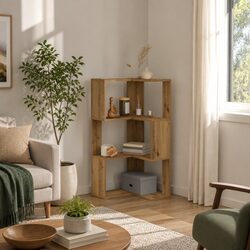 Compact Brown Wood Corner Bookcase - 3-Tier Design