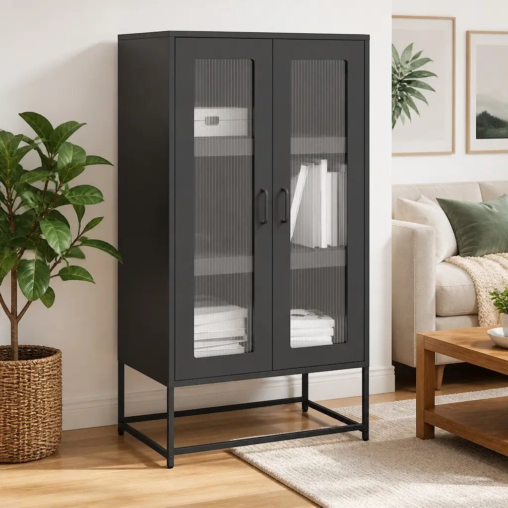 Highboard Storage Cabinet 68W x 39D x 123H cm Black Cold-rolled Steel Construction Enclosed Storage Compartment
