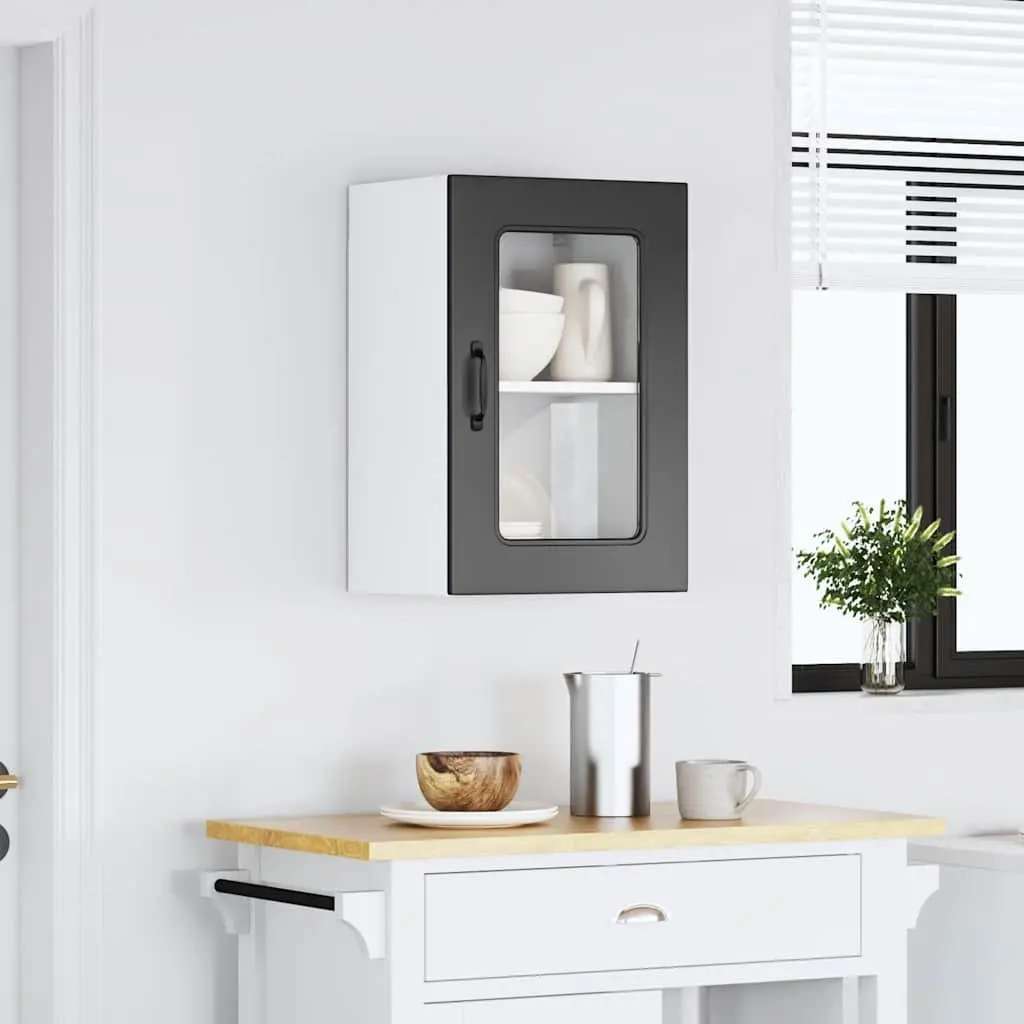 Kitchen Wall Cabinet Black Engineered Wood Glass Door Storage Organizer