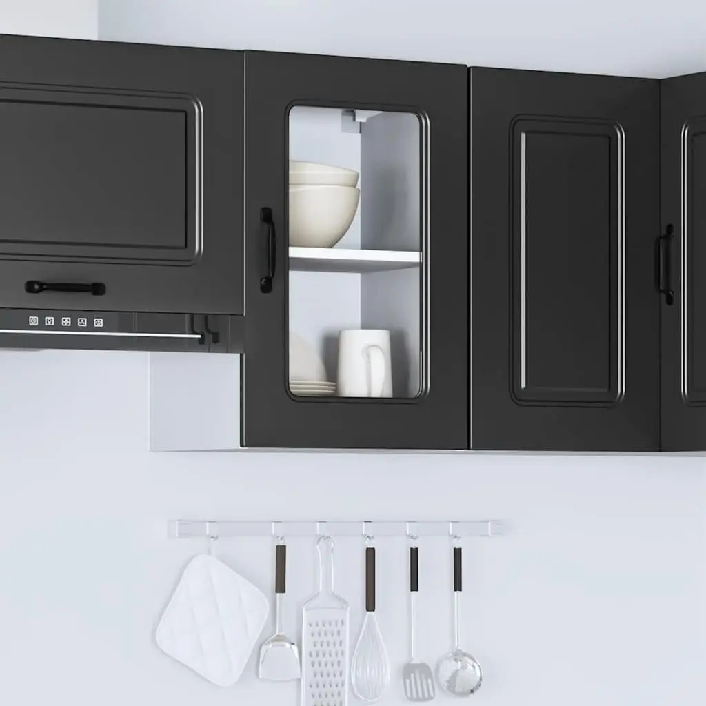 Kitchen Wall Cabinet Black Engineered Wood Glass Door Storage Organizer