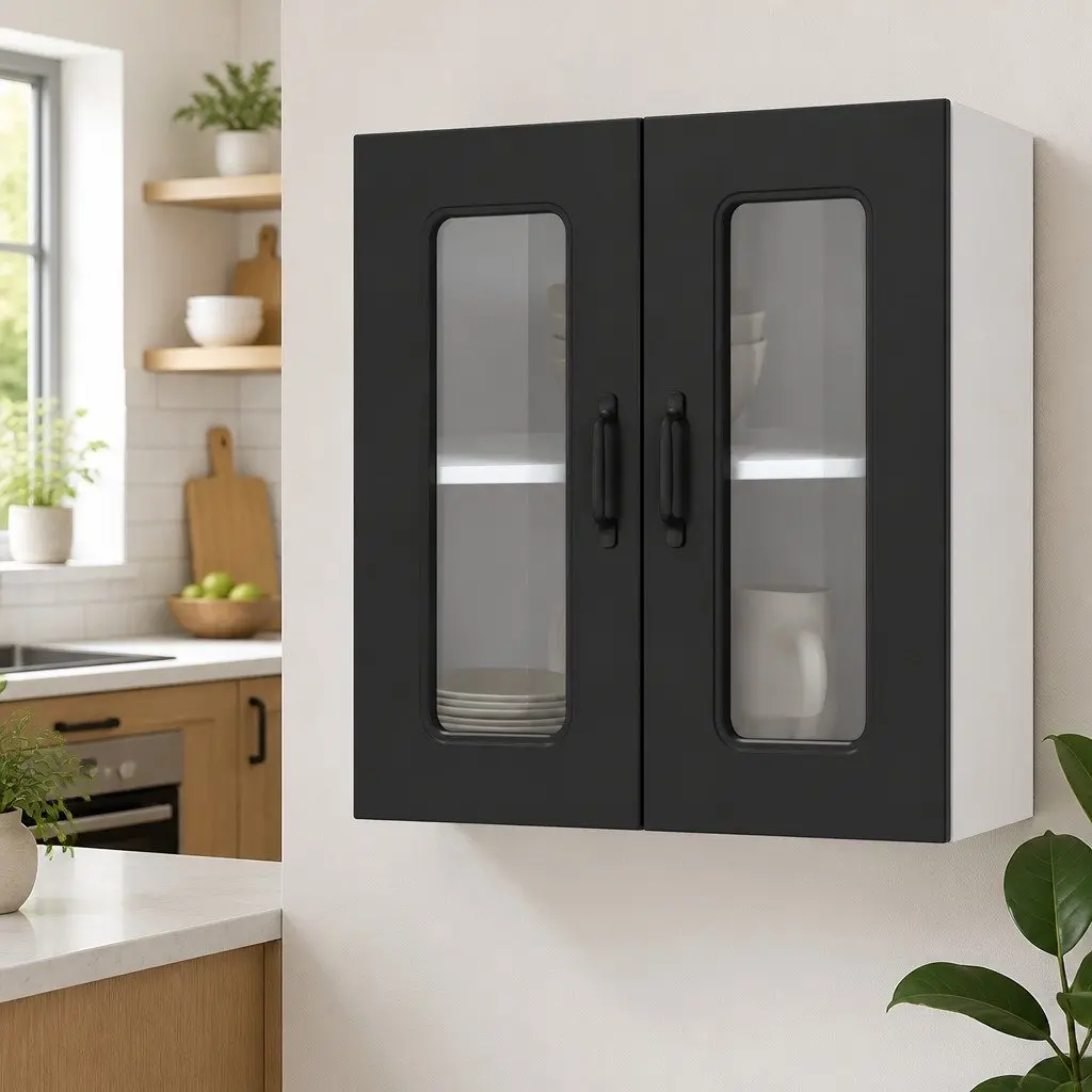 Kitchen Wall Cabinet Black Engineered Wood Glass Door Wall-Mounted Storage Unit