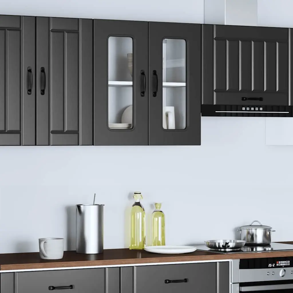 Kitchen Wall Cabinet Black Engineered Wood Glass Door Wall-Mounted Storage Unit