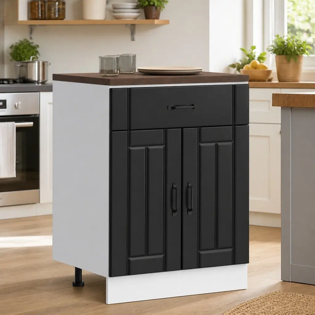 Black Kitchen Base Cabinet Engineered Wood Storage Unit with Adjustable Feet
