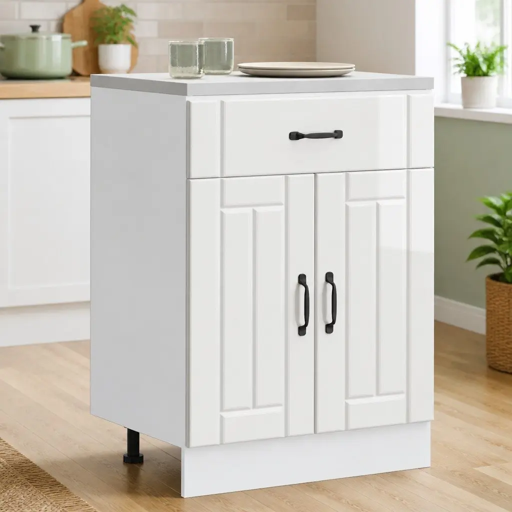 High Gloss White Kitchen Base Cabinet Sink Engineered Wood Storage Cupboard