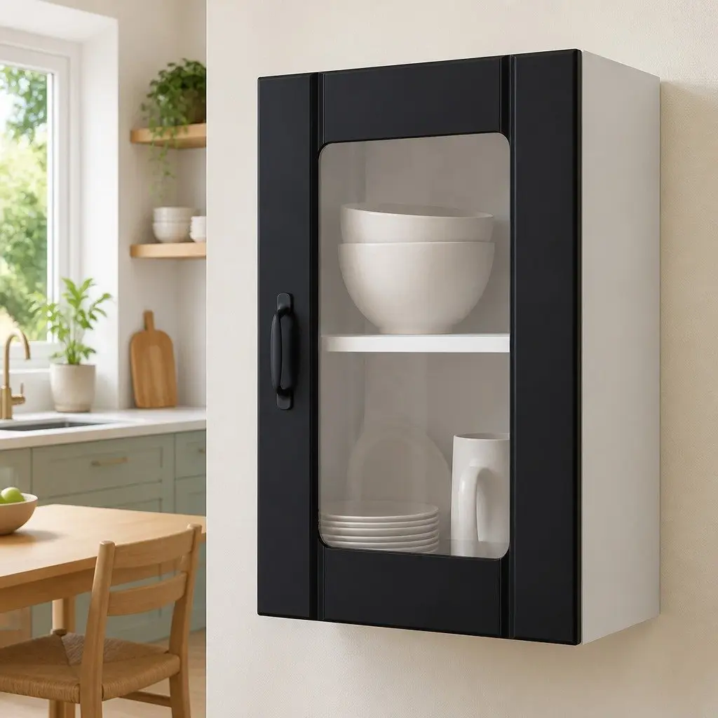 Kitchen Cabinet Wall-Mounted Black Engineered Wood Glass Door Storage
