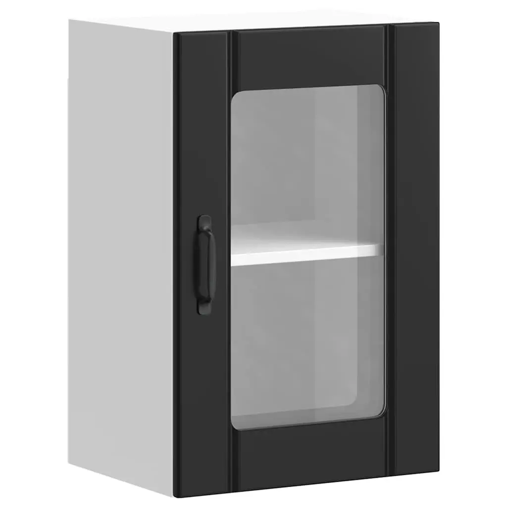 Kitchen Cabinet Wall-Mounted Black Engineered Wood Glass Door Storage