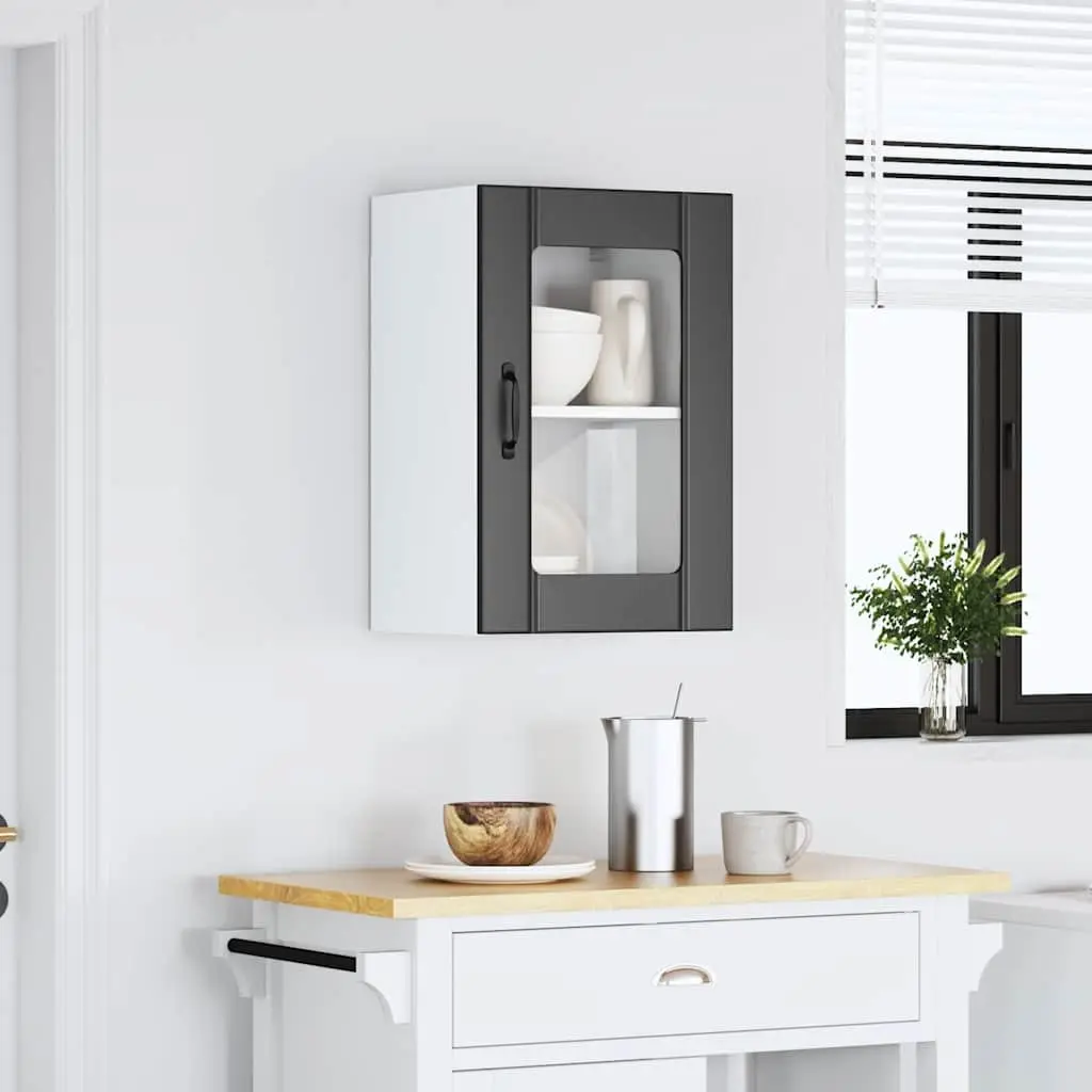 Kitchen Cabinet Wall-Mounted Black Engineered Wood Glass Door Storage