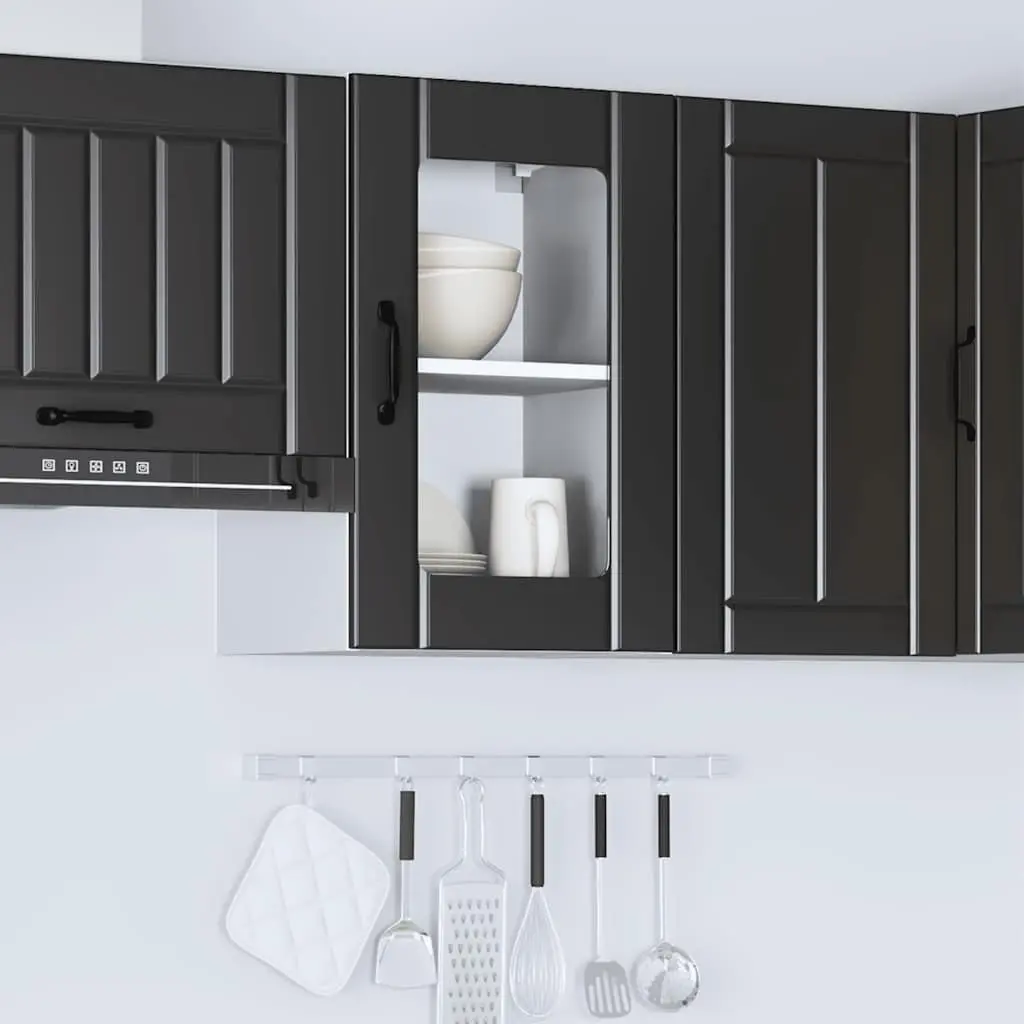 Kitchen Cabinet Wall-Mounted Black Engineered Wood Glass Door Storage
