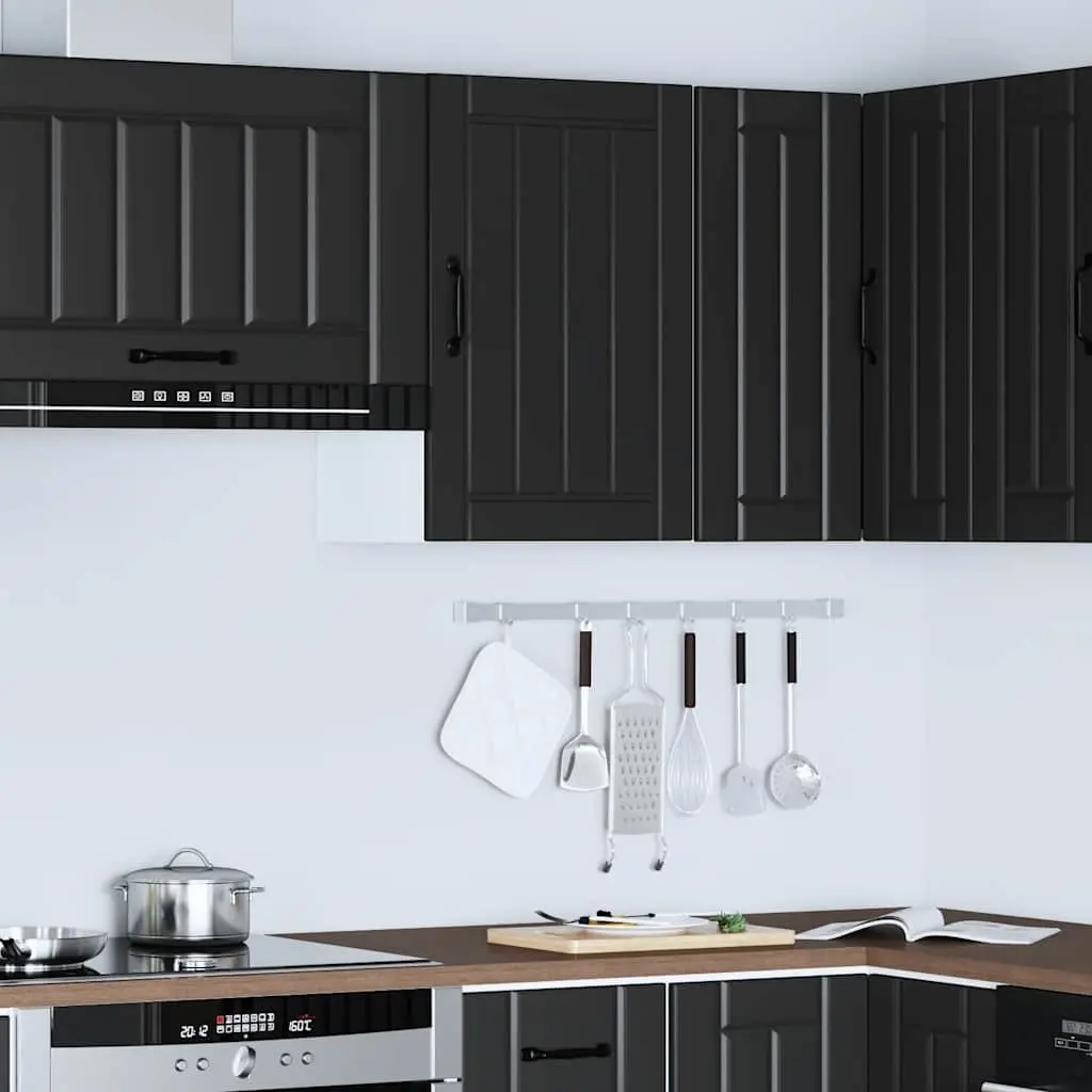 Kitchen Wall Cabinet Black Engineered Wood Glass Door Wall Mounted Storage Shelves