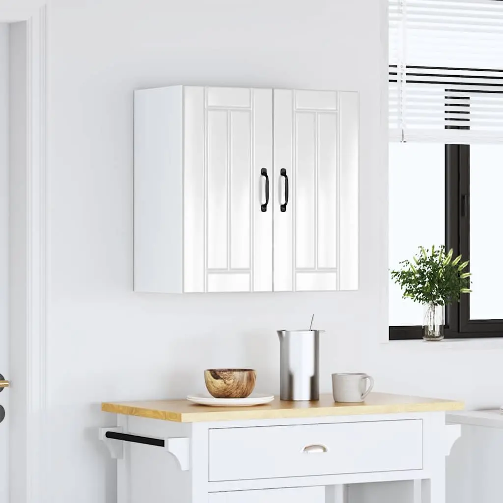 Wall-Mounted Storage Cabinet White Engineered Wood Glass Door Kitchen Organizer