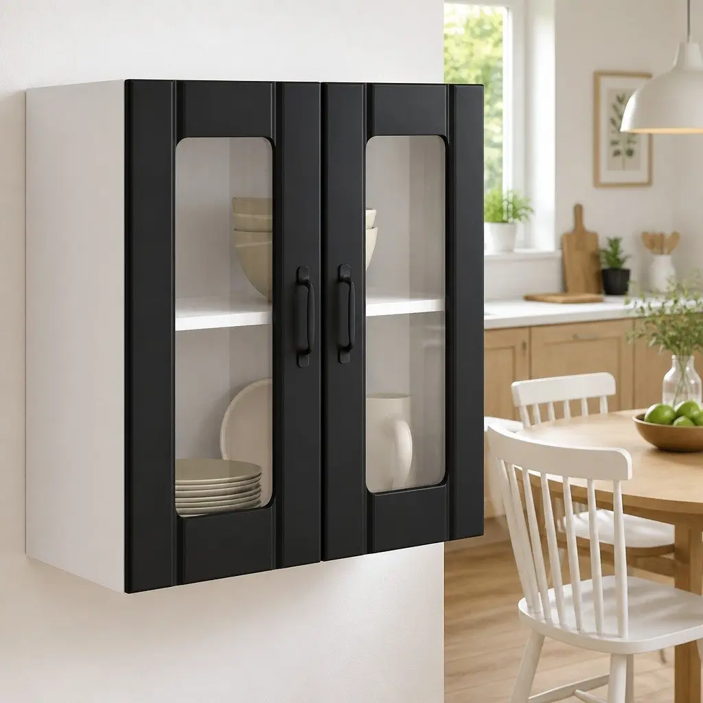 Kitchen Wall Cabinet Black Engineered Wood Glass Door Storage Organiser