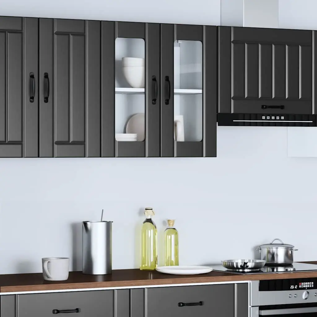 Kitchen Wall Cabinet Black Engineered Wood Glass Door Storage Organiser