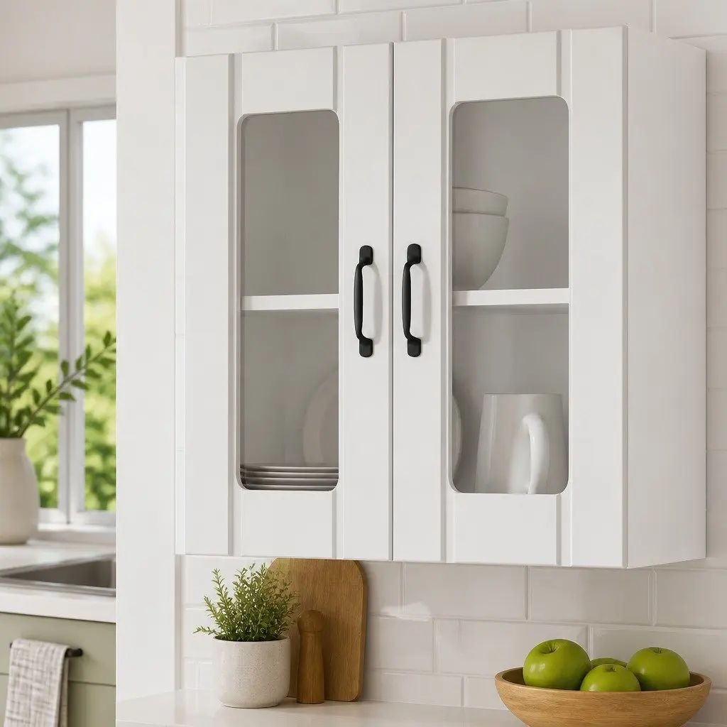 Kitchen Wall Cabinet White Engineered Wood Glass Door Storage Cupboard Mounted
