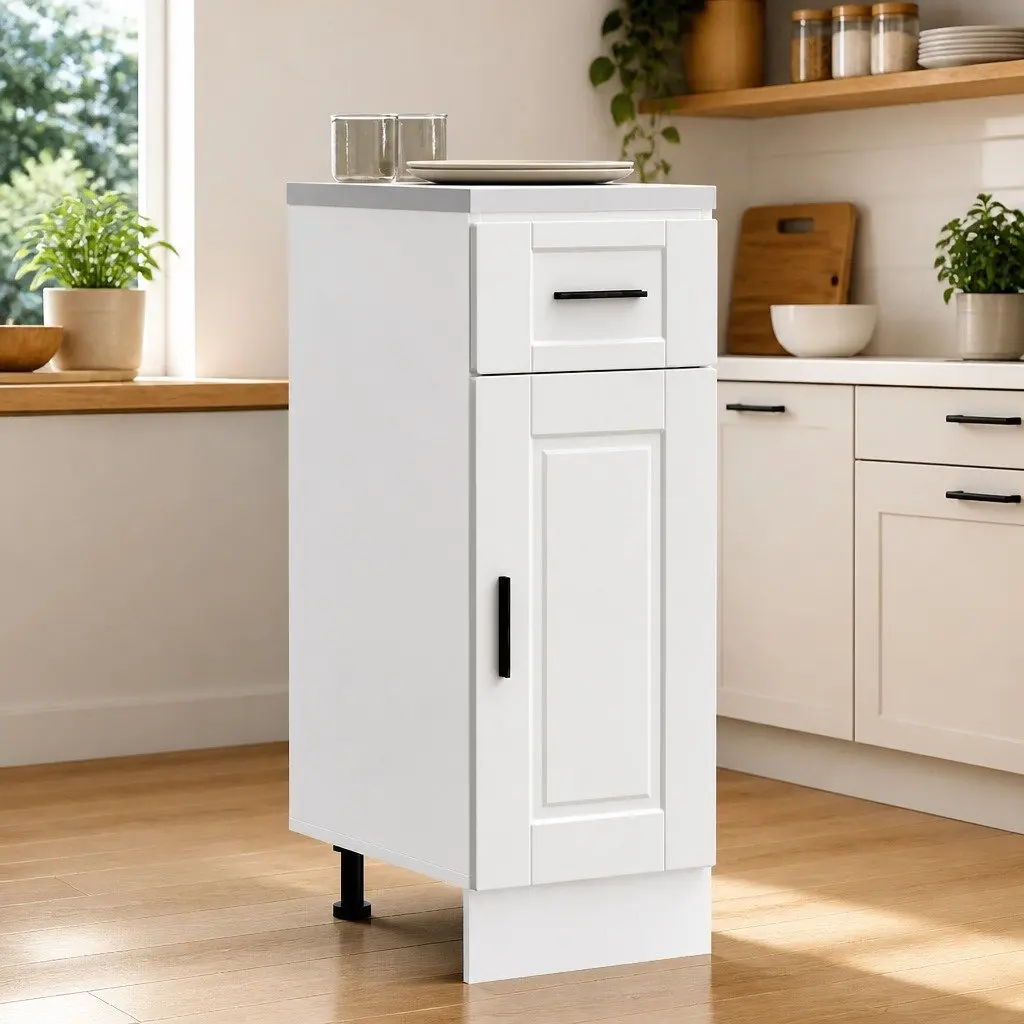 Kitchen Storage Cupboard White Engineered Wood Base Cabinet with Adjustable Feet